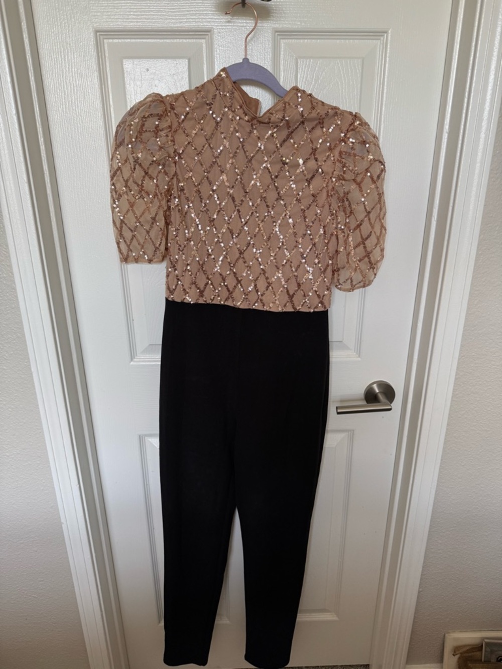 SHEIN Nude Sequin Puff-Sleeve Romper Jumpsuit with Black Pants